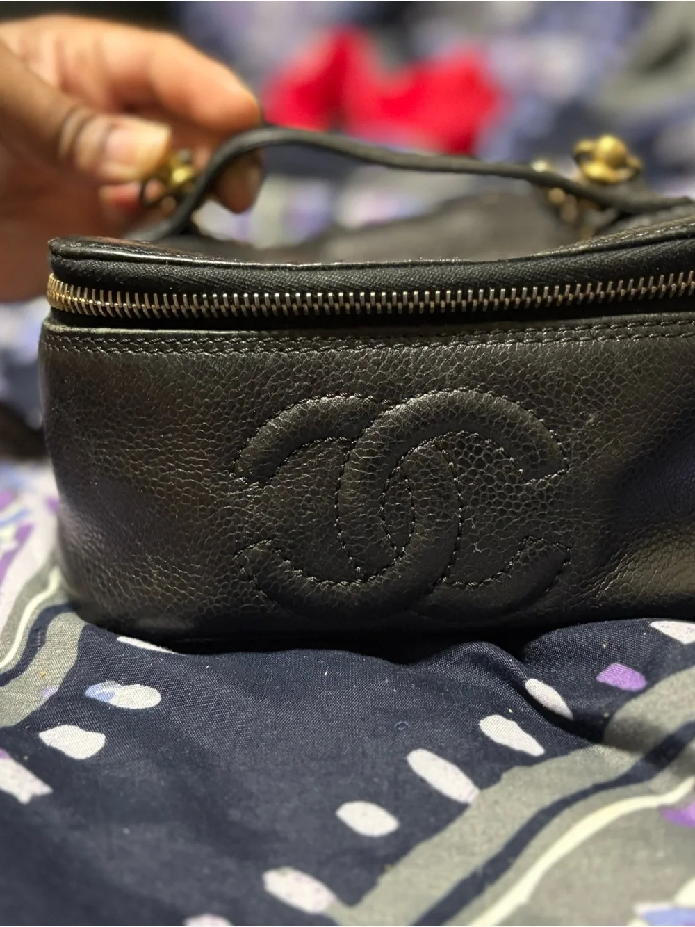 Authentic CHANEL Black Quilted Vanity Case with Gold Hardware